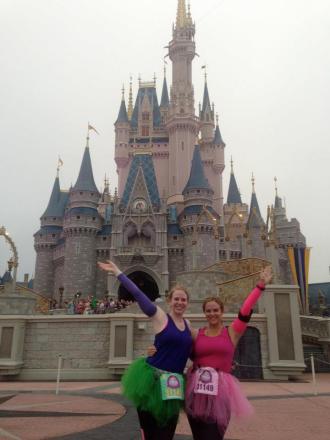That's me on the right in a tutu at Disney during the Princess Half Marathon 2013. 